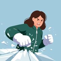 Angry woman breaking through ice with fist in determined action illustration vector