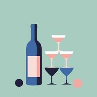 Wine bottle with stacked cocktail glasses and two colored balls minimal design illustration vector