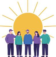 Group of diverse people standing together under bright yellow sun rays illustration with friendship and unity concept vector