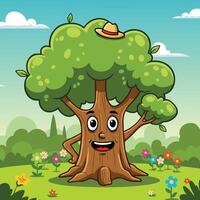 Happy cartoon tree with a straw hat standing in colorful flower field under blue sky illustration vector