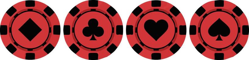 Red casino poker chips with diamond club heart and spade symbols illustration for gambling game design elements vector