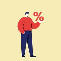 Man holding percentage symbol symbolizing discount or finance concept with simple flat design illustration vector