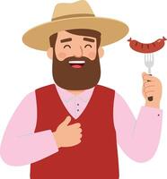 Bearded man holding fork with sausage smiling wearing hat and red vest illustration vector