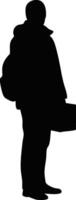 Silhouette of man standing with backpack and briefcase illustration in black and white design vector