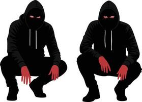 Two crouching figures in black hoodies with red hands and glowing eyes mysterious dark characters illustration vector