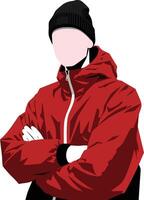 Man in red jacket with black beanie hat standing confidently with crossed arms illustration vector