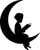 Silhouette of child sitting on crescent moon reading book simple black design vector