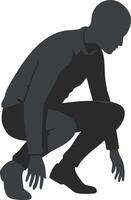 Silhouette of crouching man in dark outfit resting on toes isolated design for active pose or exercise illustration vector