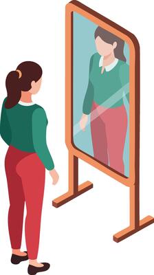 Woman looking at herself in full length mirror standing on floor in casual outfit illustration