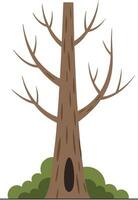Bare tree with brown trunk and branches surrounded by green bushes illustration for nature and environment concepts vector