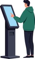 Man using touch screen kiosk terminal for digital interaction technology design vector