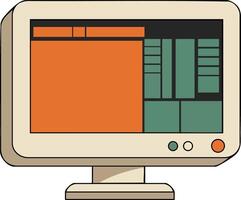 Retro computer monitor with orange and green interface design in style for technology and vintage computing illustration vector