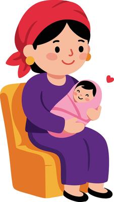Mother holding baby wrapped in pink blanket sitting on orange chair illustration warm loving moment
