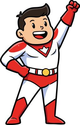 Superhero kid cartoon character in white and red costume raising fist in confident pose illustration