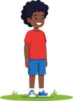 Smiling Black Boy Wearing Red Shirt and Blue Shorts Standing on Grass Illustration vector