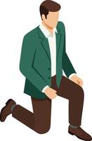 Man kneeling down wearing green jacket and brown pants in style illustration vector