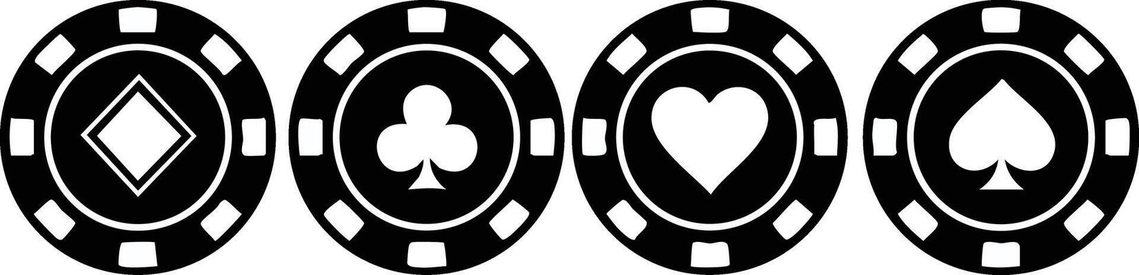 Poker chips with diamond club heart spade symbols casino gambling design icons black and white