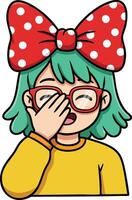 Cute girl with green hair and red glasses covering face with hand wearing yellow sweater and red polka dot bow illustration vector
