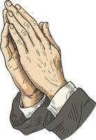 Praying hands illustration showing detailed human hands together in a praying gesture with realistic shading and vintage style vector