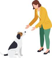 Woman training dog with positive reinforcement in casual outfit illustration vector