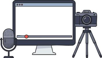 Multimedia content creation setup with computer microphone and camera on tripod for production workflow vector