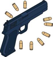 Handgun pistol with scattered bullets illustration in black and tan colors for security and weapon design elements vector