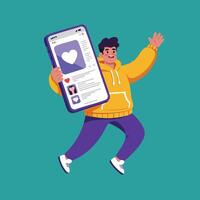 Young man holding oversized smartphone with social media app showing heart icon jumping happily illustration vector