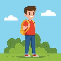 Boy with backpack standing outdoors on grass with bushes and clouds in blue sky illustration vector