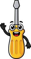 Cartoon screwdriver character waving hand with glasses happy expression and yellow handle illustration vector