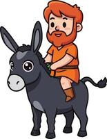 Cartoon man with red hair and beard riding black donkey illustration in simple style vector
