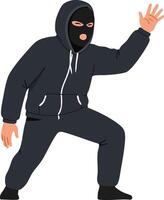 Hooded man in black balaclava mask crouching and raising hand in defensive or aggressive pose illustration vector