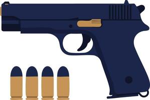 Handgun with bullets side view illustration of navy blue pistol and ammunition design elements vector