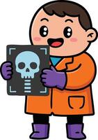 Child holding x-ray image of skull wearing orange coat and purple gloves in cute style vector