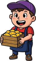 Boy holding wooden crate full of potatoes smiling cheerful cartoon character in purple cap and apron vector