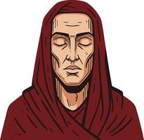 Male monk with closed eyes wearing dark red robe spiritual calm serene expression illustration vector