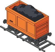 Coal mining cart filled with black coal on railway track isometric illustration design vector