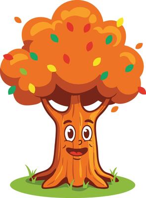Cartoon autumn tree with orange leaves and happy face illustration for kids nature design and seasonal fall concept