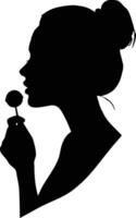 Silhouette of woman holding dandelion blowing seeds illustration in black and white minimal style vector