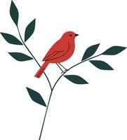 Red bird perched on green leafy branch design with minimal style and natural elements vector