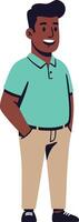 Man standing smiling with hands in pockets wearing turquoise shirt and beige pants casual style illustration vector