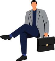Businessman in gray jacket holding black briefcase sitting with crossed legs illustration vector