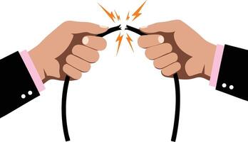 Hands breaking electric cable with sparks and lightning bolt illustration showing power cut or connection failure vector