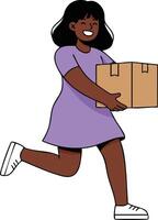 Smiling woman running carrying cardboard box in purple dress and white sneakers energetic delivery concept vector
