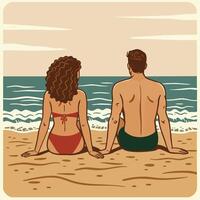 Couple relaxing on sandy beach by ocean waves enjoying summer vacation together in swimwear illustration vector