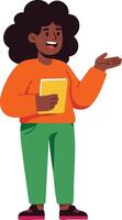 Young woman holding book and gesturing with hand in casual outfit illustration vector