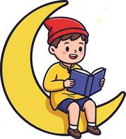Boy reading book on crescent moon wearing red hat and yellow jacket illustration vector