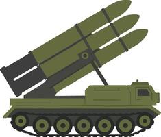 Military missile launcher vehicle with multiple rockets in olive green flat design for defense and warfare concept vector