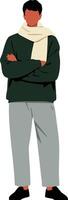 Man wearing dark green sweater and beige scarf standing with crossed arms in casual style illustration vector