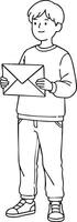 Boy standing holding envelope mail letter line art illustration simple design vector