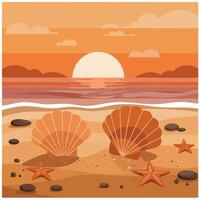 Seashells and starfish on sandy beach at sunset with orange sky and calm sea illustration vector